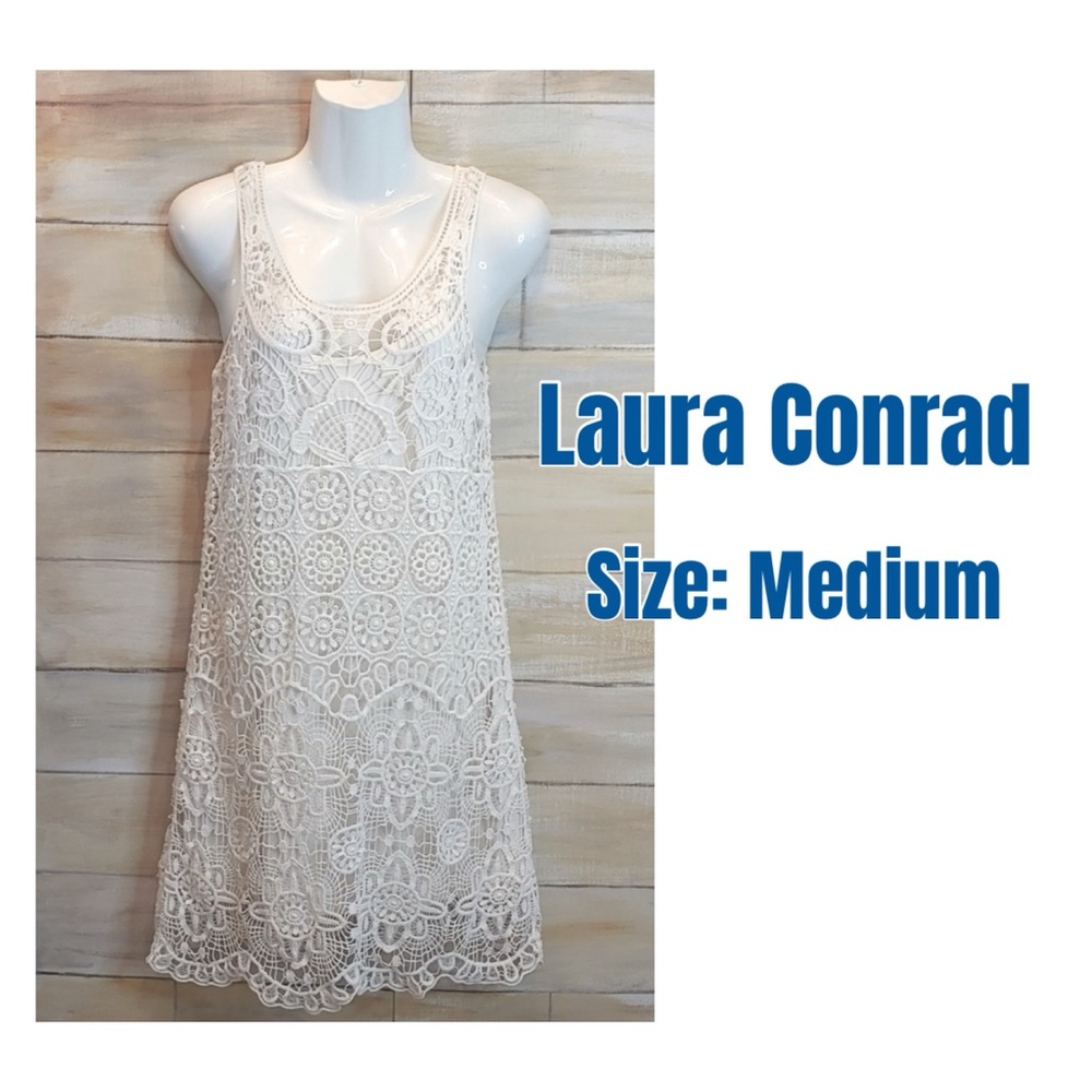 Laura Conrad Cream crocheted boho ‎ lace over slip dress